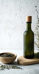 Dark green glass bottle of oil, beside a wooden bowl of dried herbs, on a light textured surface