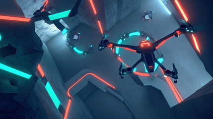 Top-Down View of Futuristic Racing Drones Navigating Glowing Digital Tunnel in a Sci-Fi Speed Competition