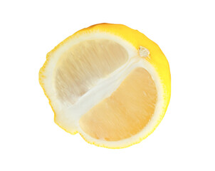 Top view of ripe yellow lemon fruit or slice in one ellipse or oval half isolated with clipping...