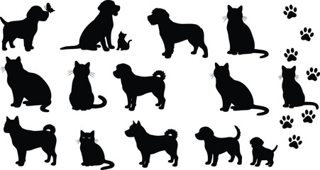 Silhouette vector of cats and dogs in different poses, pet animal icons, black paw prints, minimal flat design illustration