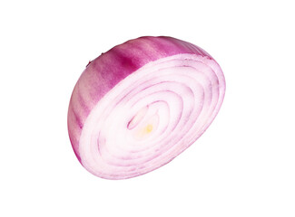 Side view of fresh red or purple onion bulb in half or slice in circle shape isolated with clipping...