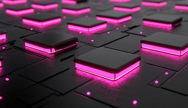 Abstract glowing pink squares on dark circuit board