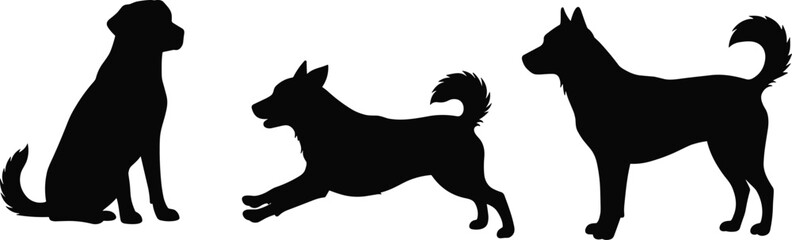 Dog silhouette vector illustration, sitting running standing dogs, pet clipart graphic, black dog shape collection, animal design, editable dog poses