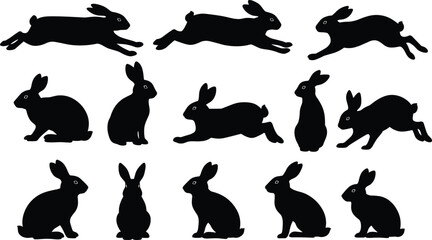 Rabbit silhouette vector set, bunny poses collection, black hare clipart, running sitting jumping rabbits, animal design, vector illustration graphic pack
