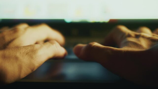 Close-up POV of man&rsquo;s hands typing quickly on laptop keyboard. Fast finger movement in sharp 4K, ideal for stock trading, software coding, tech workflow, or modern digital workspace b-roll