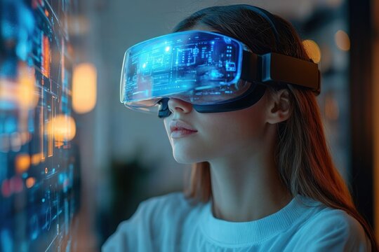 Young woman wearing futuristic virtual reality headset interacting with digital data interface in a modern high-tech setting