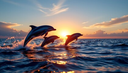 dolphins leaping in ocean at sunset, neon glow style with silver tones, subject at top with copy space at bottom.