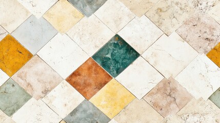 Geometric Gemstone: The image showcases a stunning close-up of a geometric pattern featuring diverse colored marble tiles. It represents elegance, architectural texture, and sophisticated design.