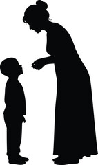 Mother teaching child, parenting silhouette, child listening, black vector illustration, family communication, standing pose, mom talking, child learning