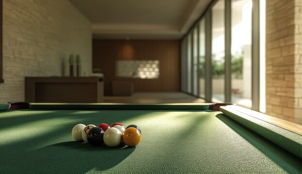Pool table in sunlit modern room - Powered by Adobe
