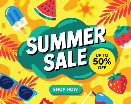 summer sale promotional banner with tropical fruits, ice cream, sunglasses, and vibrant decorative elements on yellow background - Powered by Adobe