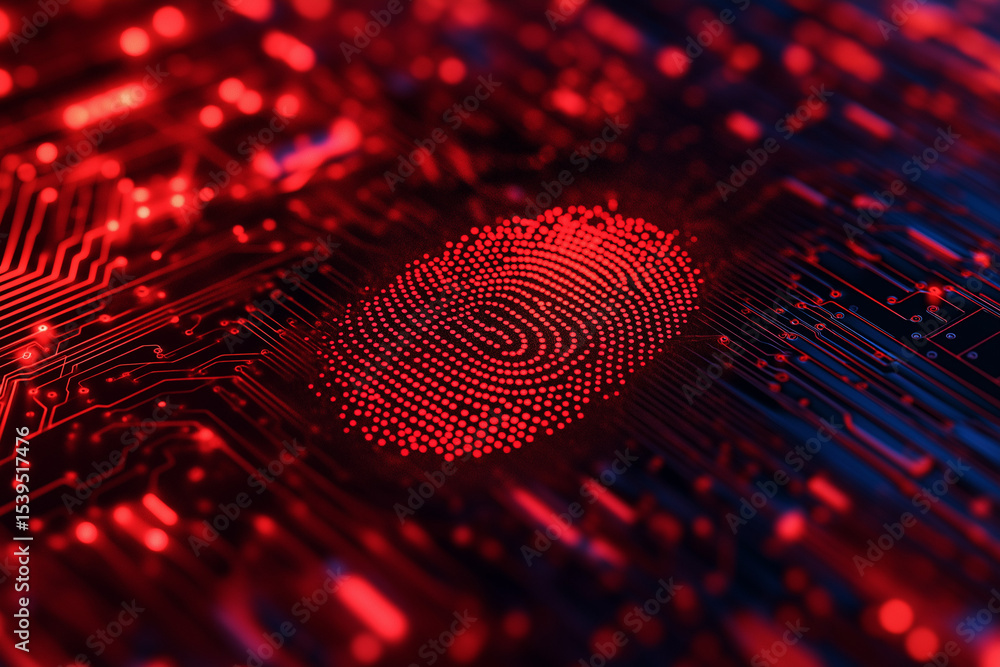 Aufkleber abstract red particle fingerprint on dark circuit board