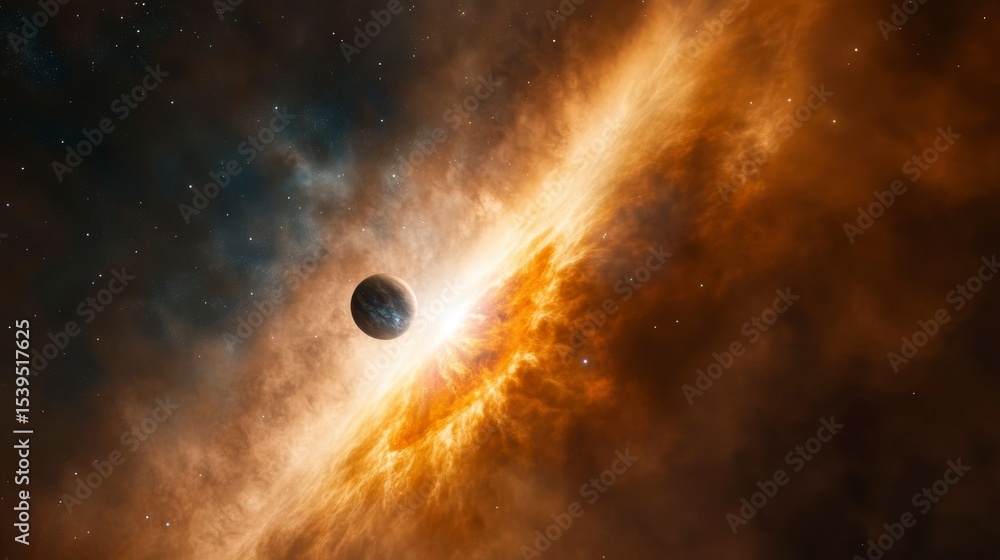 Poster a planet near a fiery nebula in outer space.