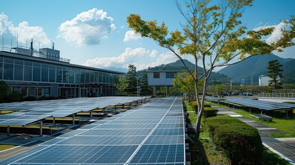 Obraz premium Solar panels on a government building with solar-powered public amenities nearby.