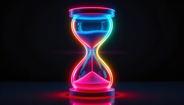 neon glow hourglass with vibrant colors, subject positioned at the top with clear copy space below.