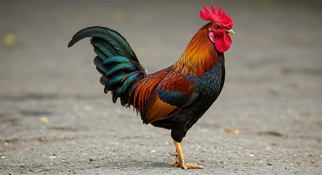 A vibrant rooster, with bright orange-gold neck and saddle feathers, deep red and lustrous black body and tail with iridescent blue and green highlights, a vivid red comb and wattle, and a piercing ye