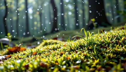 close up of dew on moss in a rainy forest scene, subject positioned on the right, sparkling under backlit, clear copy space on the left.