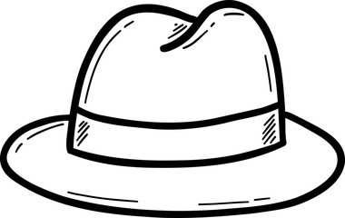 Hand drawn clothes and accessories outline doodle, Stylish fedora hat with a wide brim and decorative band.