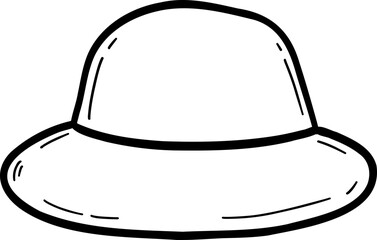 Hand drawn clothes and accessories outline doodle, Cartoon-style hat illustration with a wide brim and rounded crown.