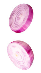 Top view set of fresh red or purple Spanish onion bulb in half and slice in circle shape isolated...