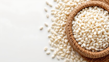 white rice in burlap sack on the right side with brilliant amber tones, clear copy space on the left side.