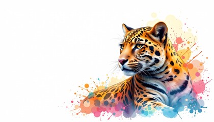 watercolor portrait of a jaguar on white background with vibrant splashes, positioned at the bottom under sunlight, subject on right with copy space on left.