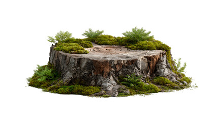 Mossy tree stump with green plants nature scene