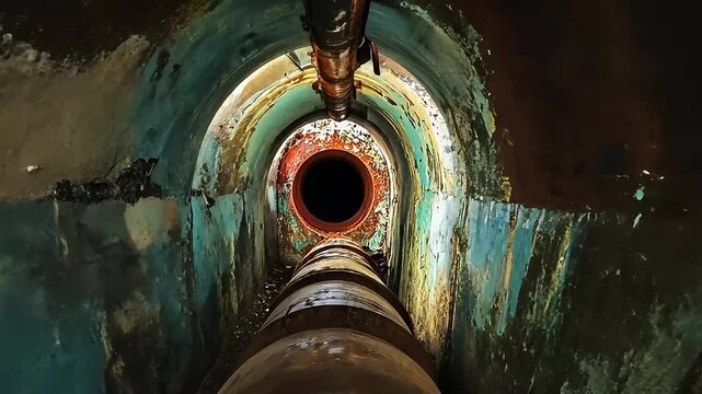 Abandoned Tunnel Interior with Rust and Peeling Paint Showing Geometric Structures in a Dark Setting