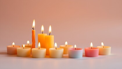 many candles burning together atop, bright pop style with sunny peach tones, under dawn light, clear copy space below.