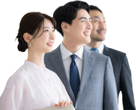 未来や目標を見つめるビジネスシーンの横顔の男女3人のクローズアップ背景透明png　　転職や希望のイメージ