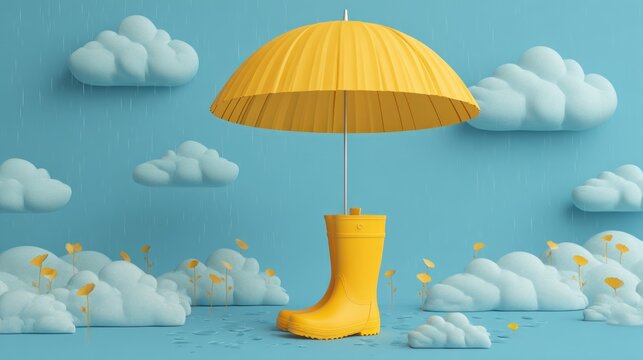 Rainy day scene with yellow umbrella and boots