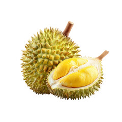 Close-up shot of a fresh durian fruit, both whole and opened, showcasing its unique texture and inviting creamy pulp