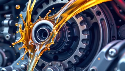 close up pastel illustration of motor oil wave splashing on metal gear wheel in car engine, industrial design concept with clear copy space on the right.