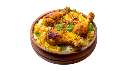 Delicious Chicken Biryani in Wooden Bowl Aromatic Spices Golden Rice