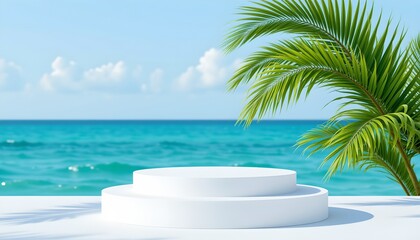 a white product display podium with tropical palm leaves on the right, against a sea background, pastel style with turquoise tones, perfect for photos.
