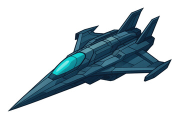 Futuristic spaceship is flying in the transparent background, with blue glass cockpit and sharp wings