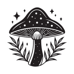 Features a stylized mushroom illustration