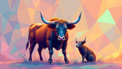 create an abstract illustration of a bull paired with a strange animal, against a minimalistic geometric background in pastel colors, position the subjects at the bottom with a holographic style