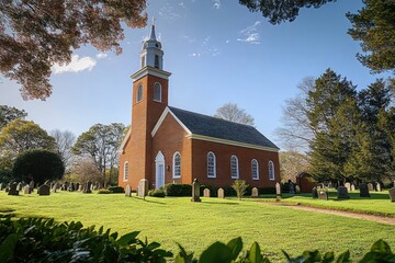 Historic red brick church with white steeple surrounded by green lawn and gravestones under a clear blue sky