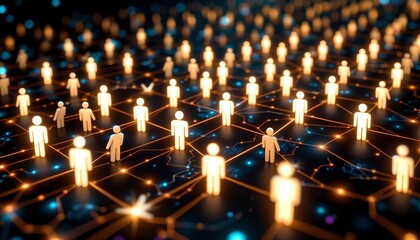 digital artwork of glowing figures forming a network against a dark background, symbolizing human connection and technology, subject on the left side with clear copy space on the right.