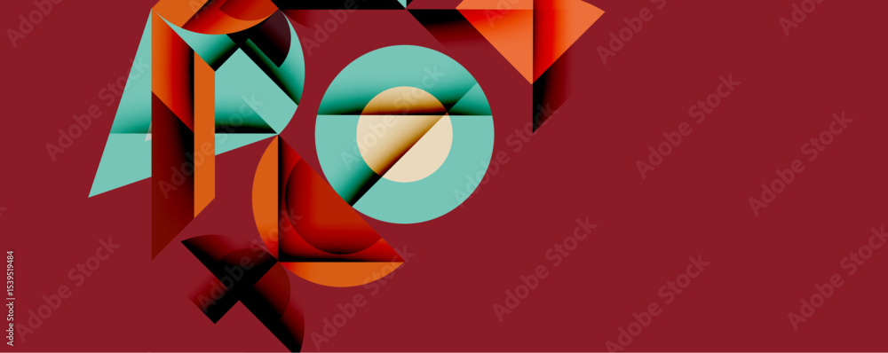 Poster Abstract geometric composition. Shapes overlap, creating dynamic visual interest. Warm orange, cool teal contrast against deep burgundy background. Modern design elements present.
