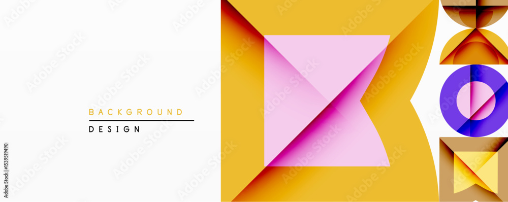 Poster abstract geometric composition. overlapping shapes create dynamic visual interest. yellow, pink, blu