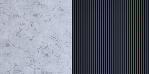 For the background, a modern wall seamless pattern with vertical black oak wood slats and white marble texture, luxury contrast background, copy space, 3d rendering illustration