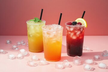 Three colorful iced drinks in clear plastic cups with black straws on a pink surface with scattered ice cubes, garnished with mint, lemon slice, and berries