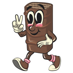 chocolate wafer cartoon mascot walking with peace sign, high-resolution isolated vector snack character illustration, perfect for dessert branding, or educational materials, work of hand drawn