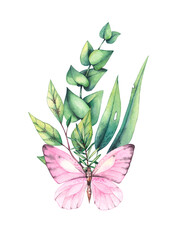 Composition with butterfly and wreath. Watercolor botanical composition isolated on white. Illustration for design of cards, invitations and branding