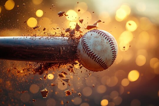 close-up of a baseball bat hitting a baseball with wooden splinters flying against a blurred golden bokeh background, capturing intense action and energy