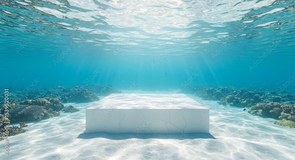 Poster underwater ocean with cube podium empty, reflect sunlight on surface. reflecting sparkling light on 