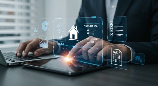 Property tax checklist and financial planning displayed on virtual screen as businessman uses digital tools to manage housing tax forms, payments, and income records for real estate assets