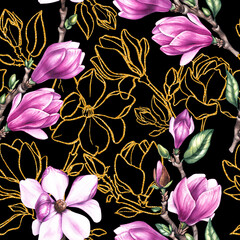 Magnolia with gold on black background. Watercolor botanical magnolia pattern seamless. Illustration for design cards, invitations and branding. Tropical plant magnolia